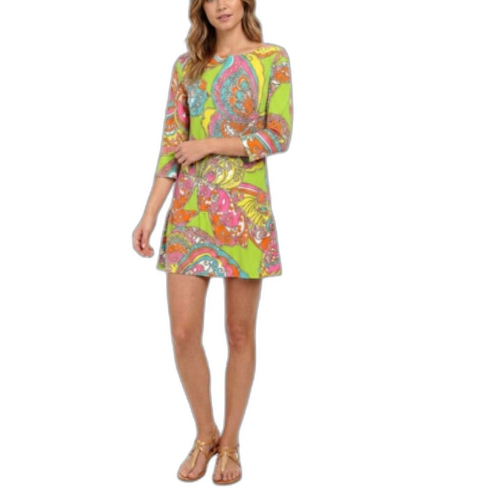 Trina Turk Lime Green Butterfly Paisley Print 3/4 Sleeve Mini Dress Size XS